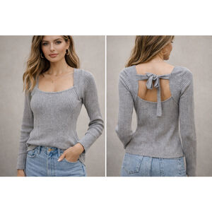 Lovers and Friends Gray Ribbed Open Back Tie Long Sleeve Top Medium